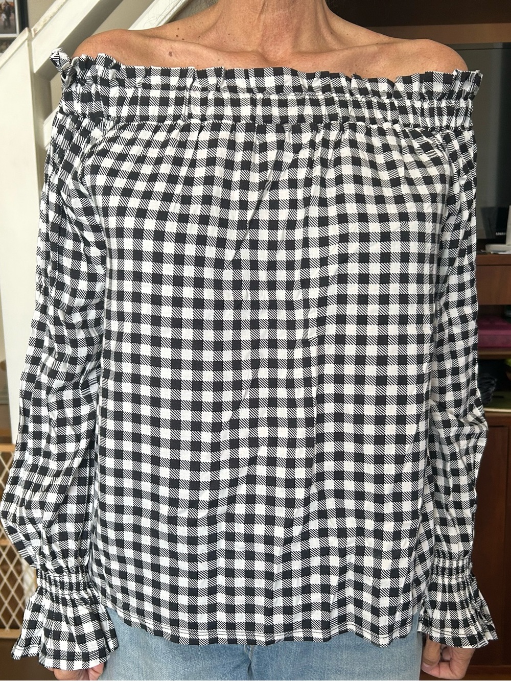 Off-the-shoulder Black and White Gingham Shirt